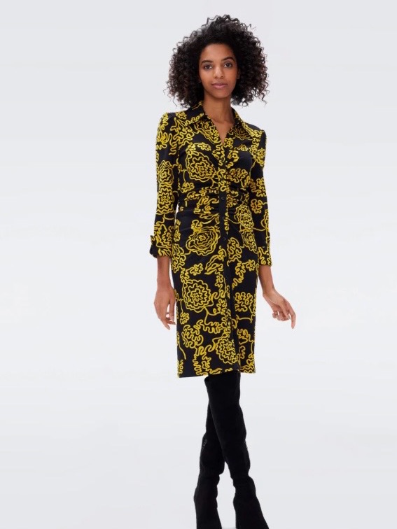 Diane Von Furstenberg Sheska Dress With Bold Black And Yellow Abstract Print